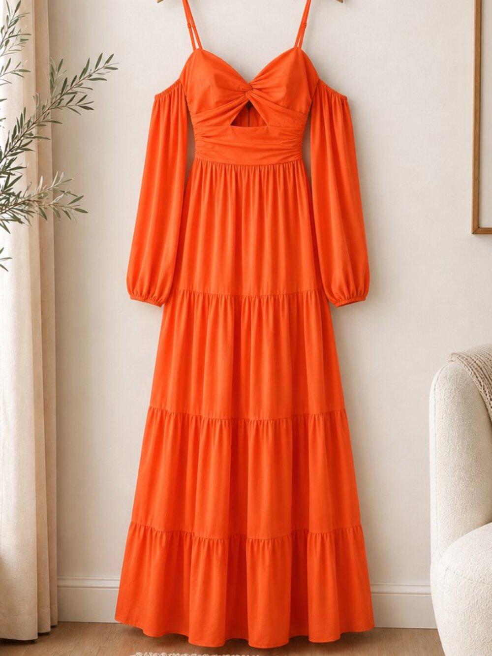 Orange Cutout Tiered Maxi Dress | Off Shoulder Long Sleeve | Flowy Boho Formal - Picture 2 of 6